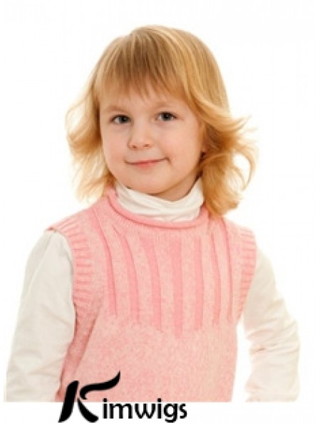 Wavy Shoulder Length Blonde Remy Real Hair 100% Hand-tied Kids Wigs