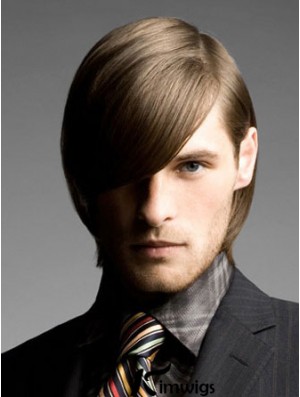 Brown Chin Length Remy Real Straight Wig For Man