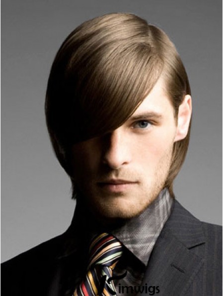 Brown Chin Length Remy Real Straight Wig For Man