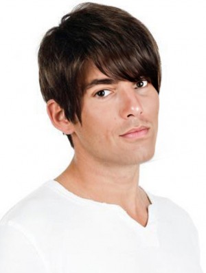 Full Lace Brown Remy Real Straight Professional Mens Wigs