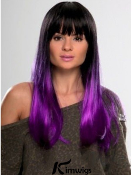 Sassy Ombre/2 Tone Long Straight With Bangs 22 inch Real Lace Wigs