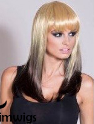 Affordable Ombre/2 Tone Long Straight With Bangs 20 inch Real Lace Wigs