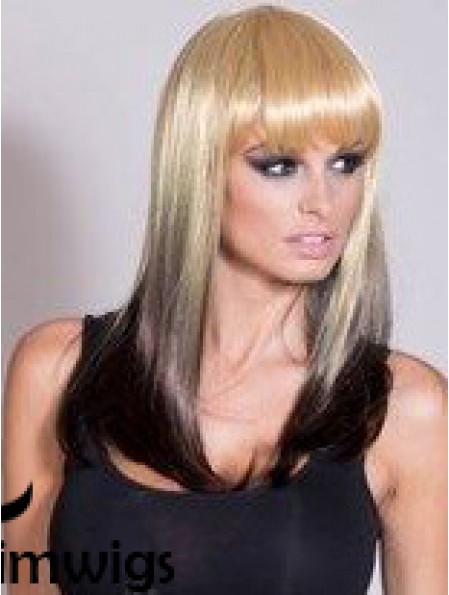 Affordable Ombre/2 Tone Long Straight With Bangs 20 inch Real Lace Wigs