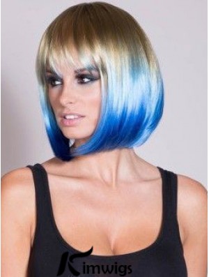 Discount Ombre/2 Tone Short Straight With Bangs 14 inch Real Lace Wigs