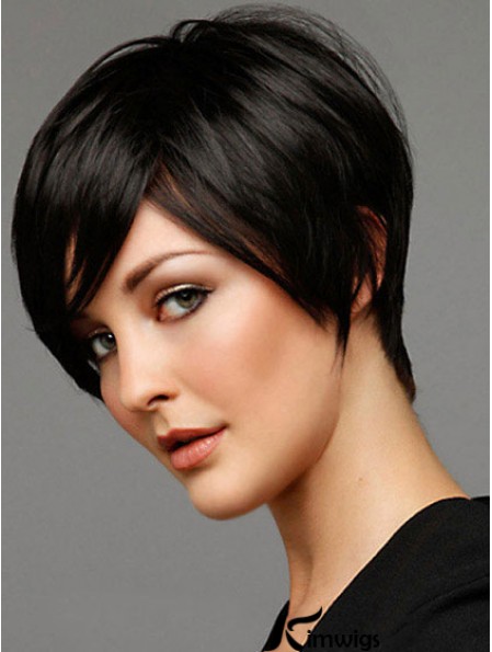 Black Straight Style Short Length Real Hair Wigs For Cancer