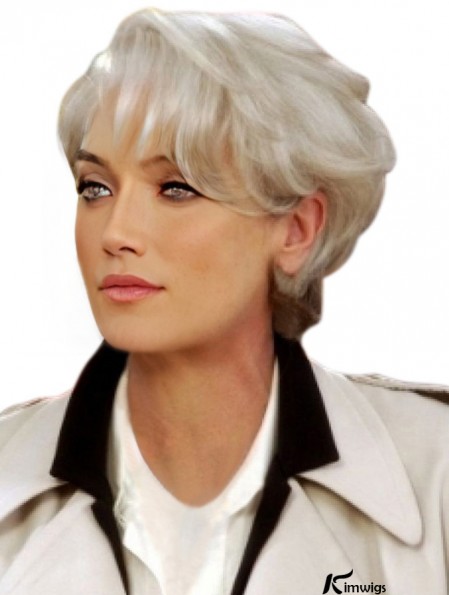 Grey Short Remy Real Hair Capless Wavy Wigs for Lady 8 Inch