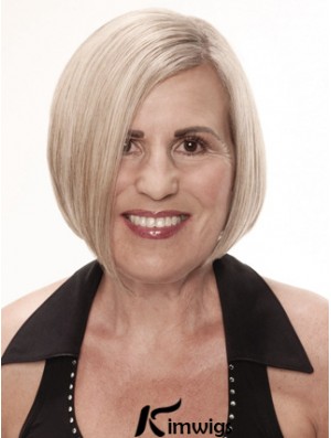 Remy Real Grey Short Straight Monofilament Platinum Blonde Wigs