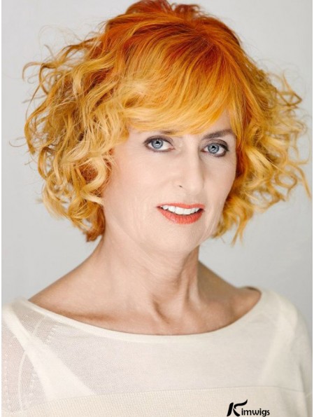 Fabulous Copper Chin Length Curly With Bangs 12 inch Real Hair Wigs