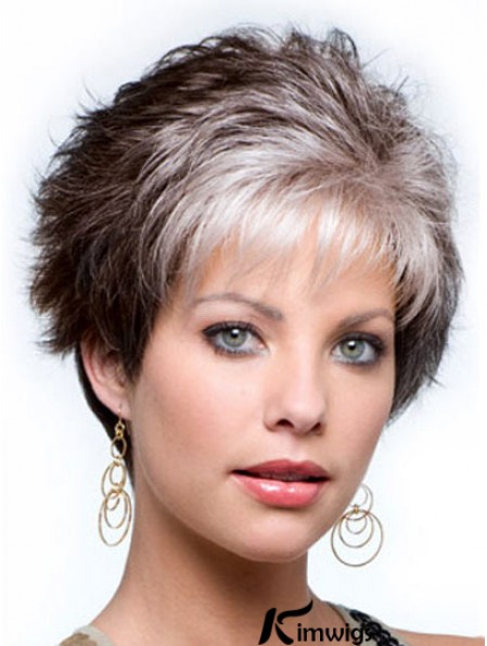 Capless Cropped Grey Wavy Synthetic Wig For Elderly lady